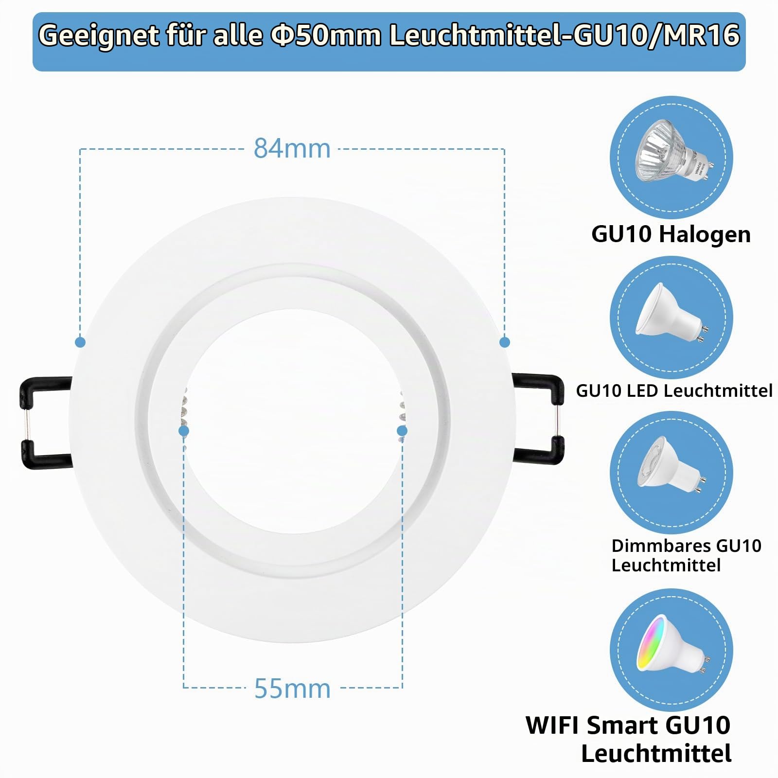 10er Einbaustrahler GU10 IP44 Aluminium Weiß Einbaurahmen DN-002
