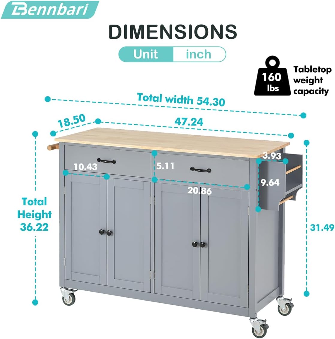 Rolling Kitchen Island Table with Storage, Kitchen Cart on Wheels, 54 Inch Width, 4 Door Cabinet and Two Drawers (Grey Blue)