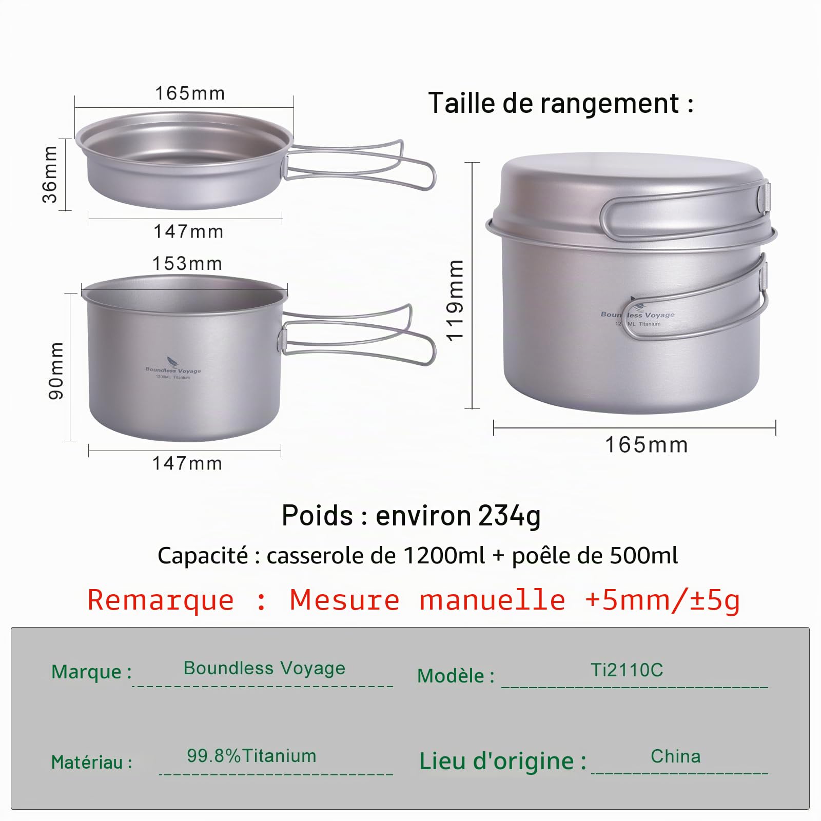 iBasingo Ensemble de casseroles en Titane Ustensiles de Cuisine de Camping Ensemble de Bols légers d'extérieur Kit de Mess de Cuisine avec poignée Pliante pour 1-2 Personnes 2 pièces/Ensemble