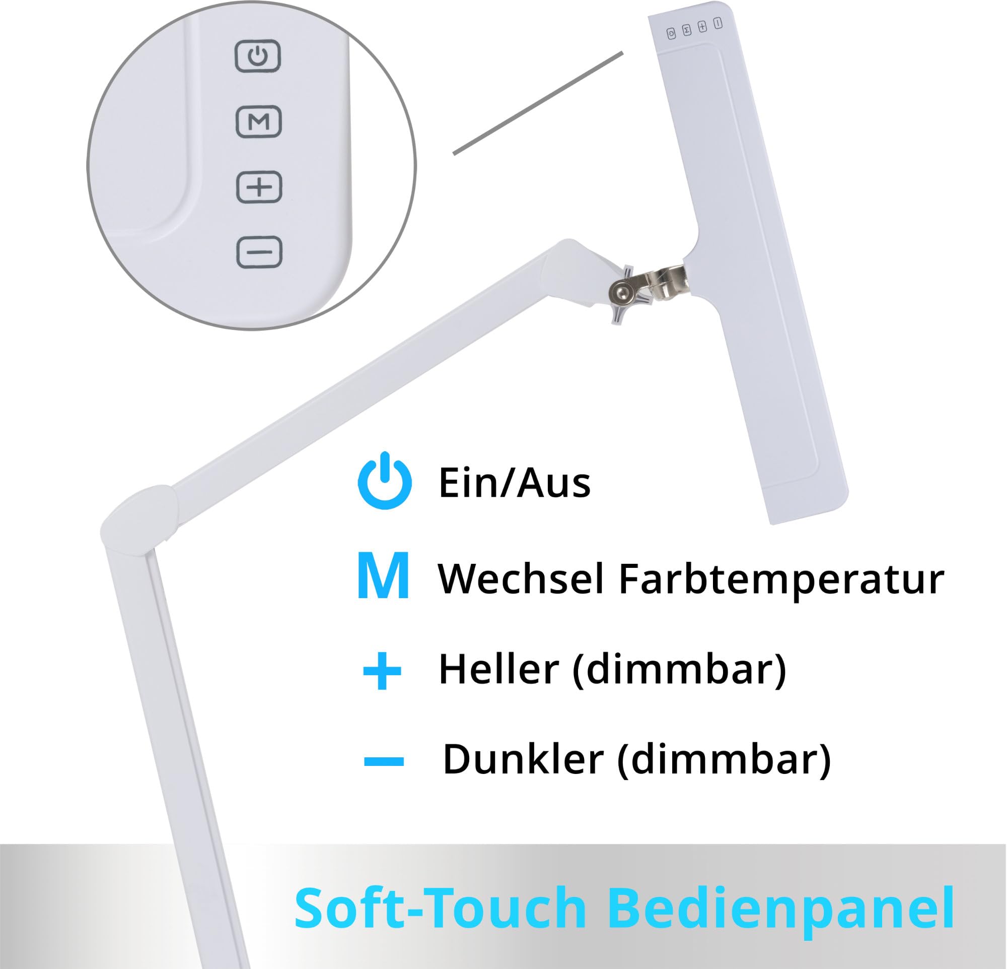 Showlite AL-6012 Arbeitsplatzleuchte - Dimmbare LED Schreibtischlampe für Büro oder Werkstatt - Klemmbare Tageslichtlampe mit Kugelgelenk - Tischlampe mit 4 Helligkeitsstufen - Monitor Lampe Weiß