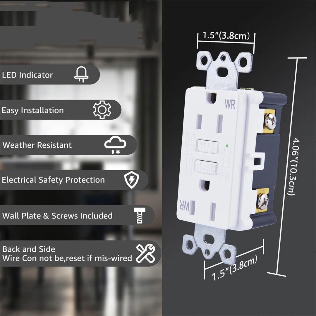 Prise GFCI Blanche 15 A 20 A Avec Indicateur LED, Plaque Murale, Multiprise Pour La Maison, La Cuisine, Le Bureau, La Décoration
