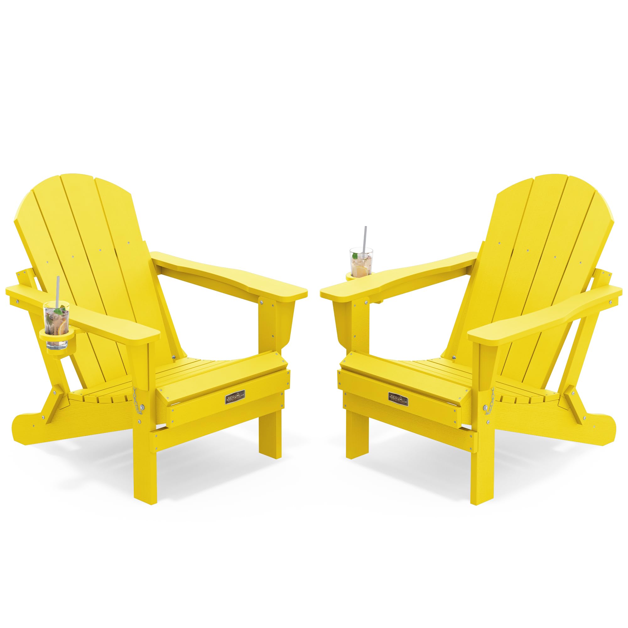 SERWALL Folding Adirondack Chair Set of 2,Patio Chair with Cup Holder-Lemon