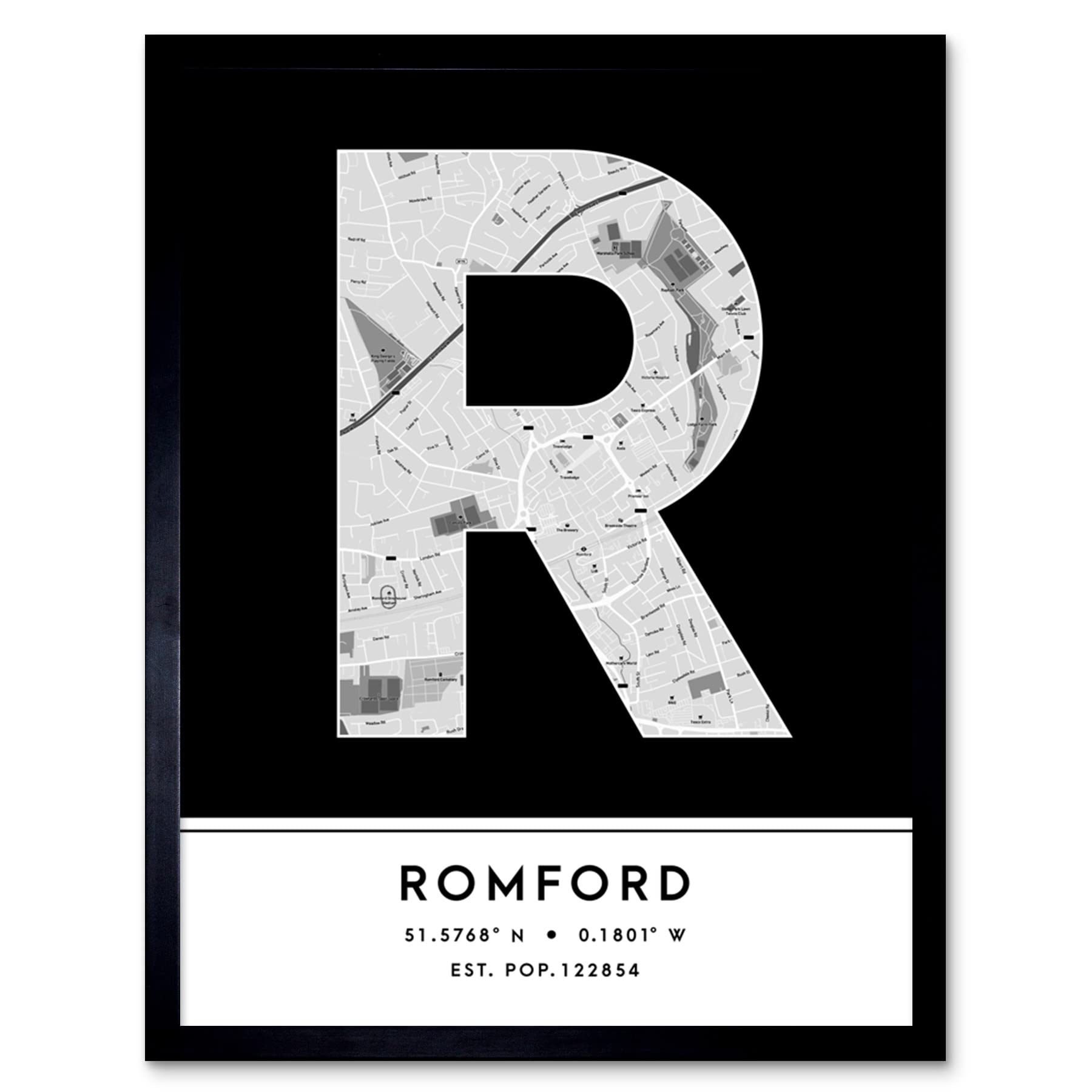 Wee Blue Coo Romford England United Kingdom City Map Black & White Colour Block Modern Typography Stylish Letter Framed Word Wall Art Print Poster for Home Décor CITYMAP1