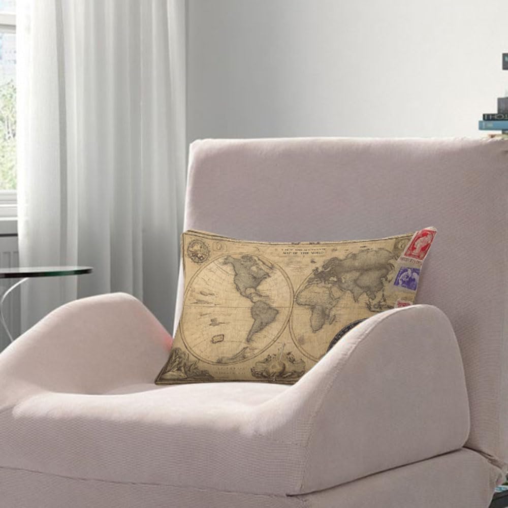 AOYEGO World Map Throw Pillow Cover 12x20 Inch Vintage Postcard Compass Nautical Travel Trip Rectangle Pillow Cases Home Decorative Cotton Linen Cushion Cover for Bed Sofa image 3