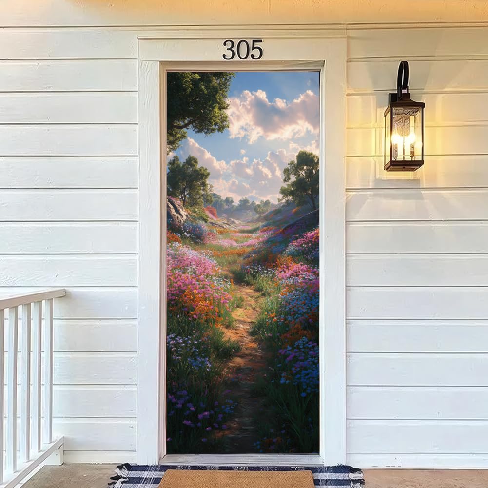 arricraft 2 fogli autoadesivi per porta, 80 cm x 200 cm, motivo fiori di campo, adesivi per porta, in PVC, rimovibili, decorazione per camera da letto e soggiorno