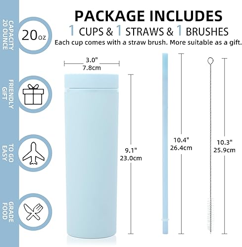 Miniatura 65 de Volhoply Paquete de 4 vasos delgados de plástico de 20 onzas, vaso de doble pared con tapa y pajilla, taza de café helado de viaje, reutilizable