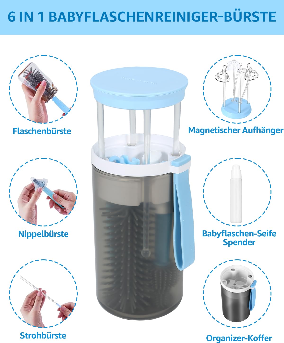 Babyflaschen Reinigungsset - Silikon Bürsten Mit Trockengestell Grau