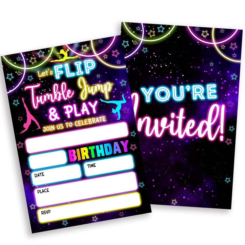 Sahjzk Gymnastics Party Invitations, 20 Double-Sided Fill-In Neon Themed Tumbling Party Birthday Invitation with Envelopes for Kids Boys Girls, Party