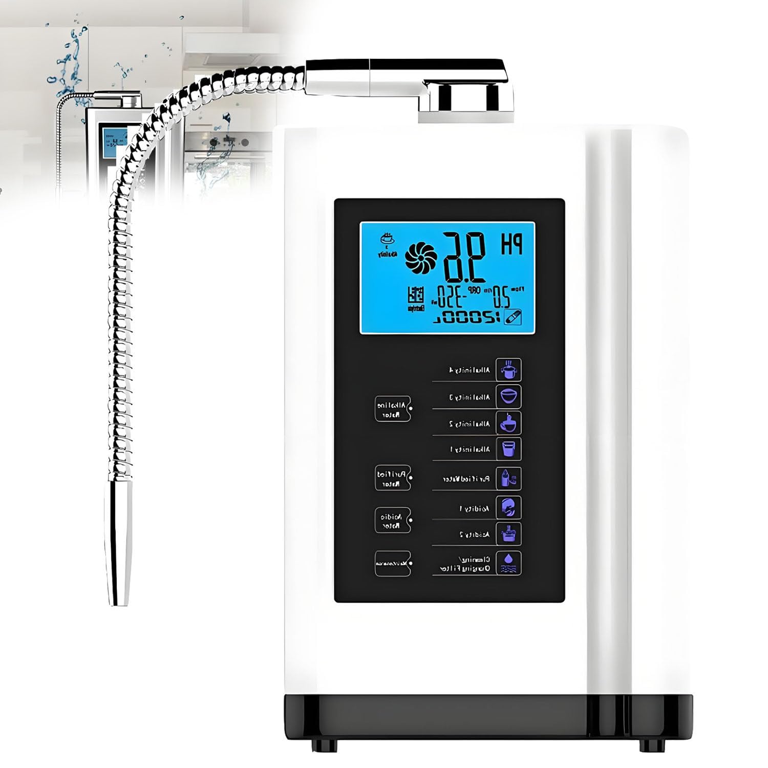 Macchina purificatrice d'Acqua, ionizzatore d'Acqua alcalina, 7 impostazioni alcaline/acide PH 3.5-10.5, Filtro Interno da 8000 Litri, autopulizia, Display LCD e messaggi vocali. White