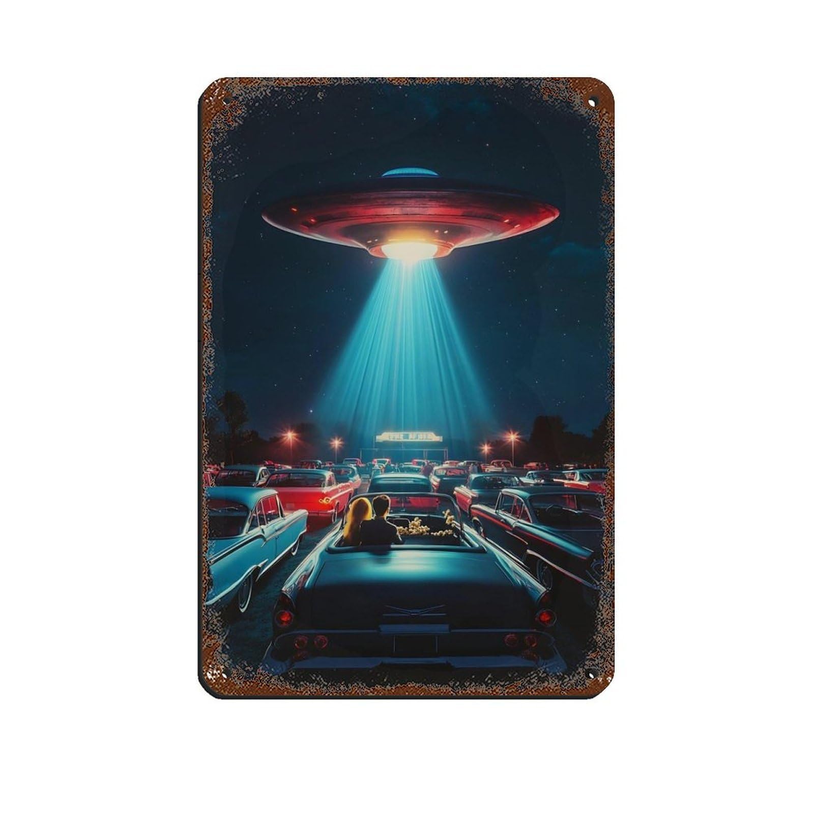 Retro Sci Fi, Alien Spaceship Scene Tin Sign Vintage Metal Pub Club Cafe Bar Home Wall Art Decoration Poster Retro 8x12inch(20x30cm)