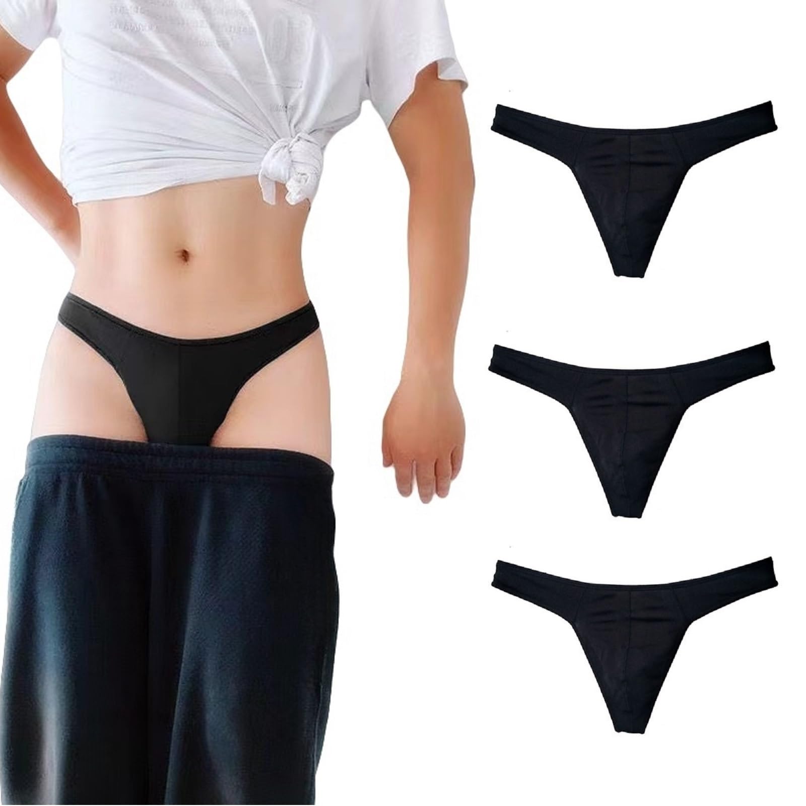 KUKUMOOD Herren-Tanga, Baumwolle, Sport, T-Rücken, sexy, klassisch, Schwarz/Schwarz, 3er-Pack (L)
