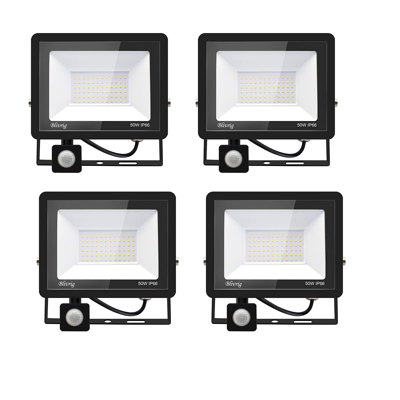 4 Stück 50 W LED-Strahler mit Bewegungsmelder, 5000 lm, LED-Außenstrahler mit Detektor, Kaltweiß (6000 K), wasserdicht, IP66, LED-Außenstrahler für Sicherheit, Garage, Flur