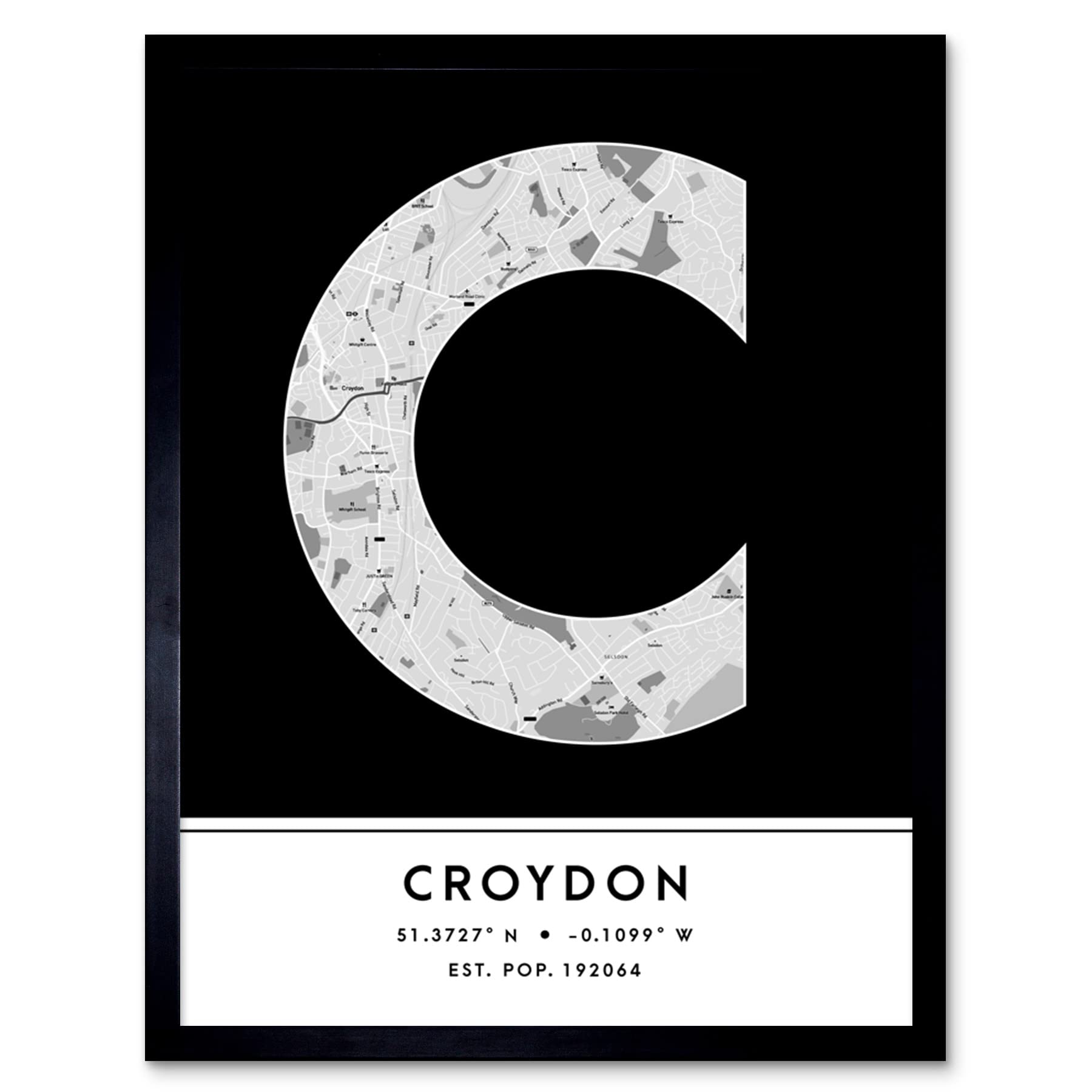 Wee Blue Coo Croydon England United Kingdom City Map Black & White Colour Block Modern Typography Stylish Letter Framed Word Wall Art Print Poster for Home Décor CITYMAP1