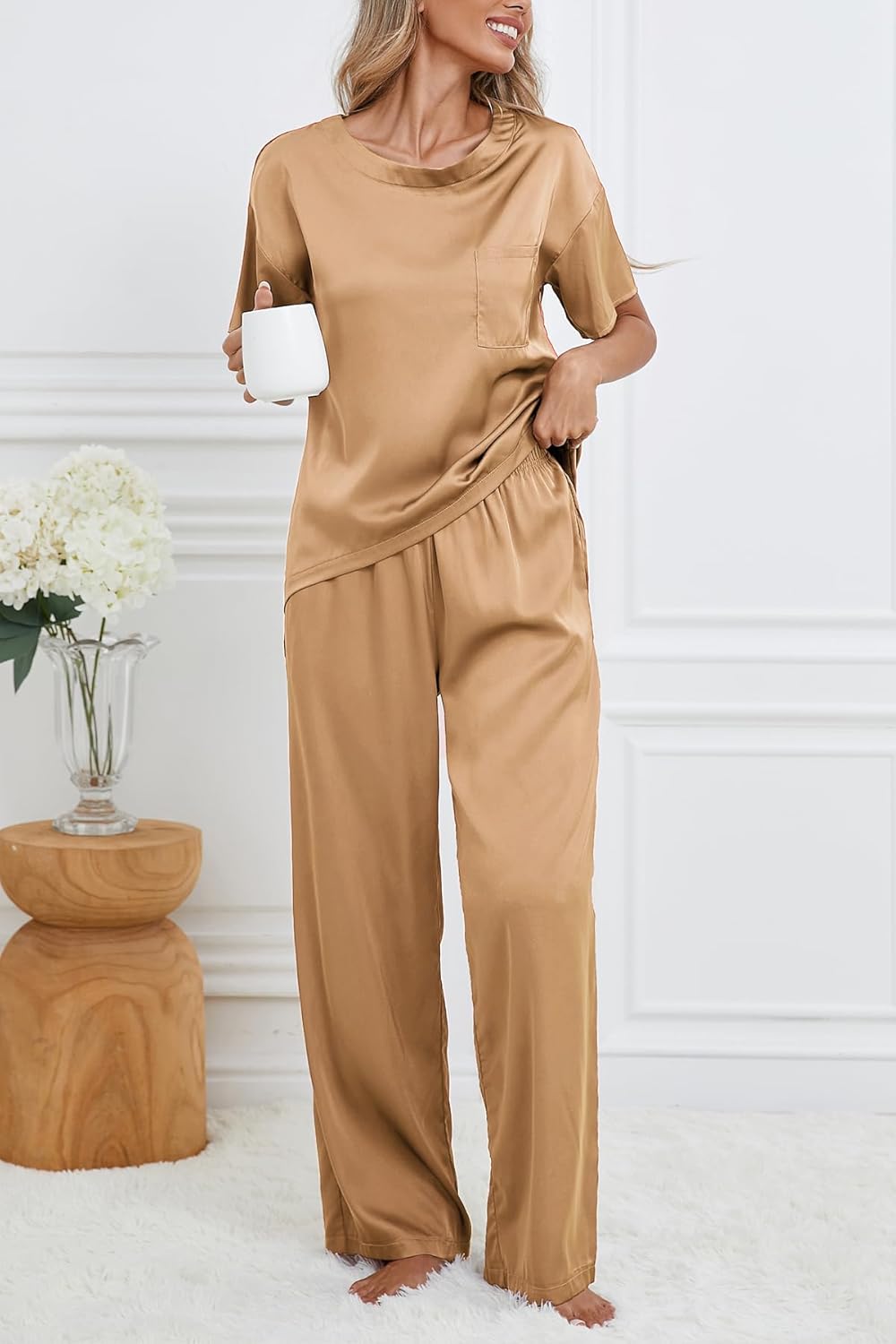 Women's Silk Satin Pajama Sets 2 Piece Short Sleeve with Long Pajama Pant Silky Sleepwear Lounge Set - Image 3