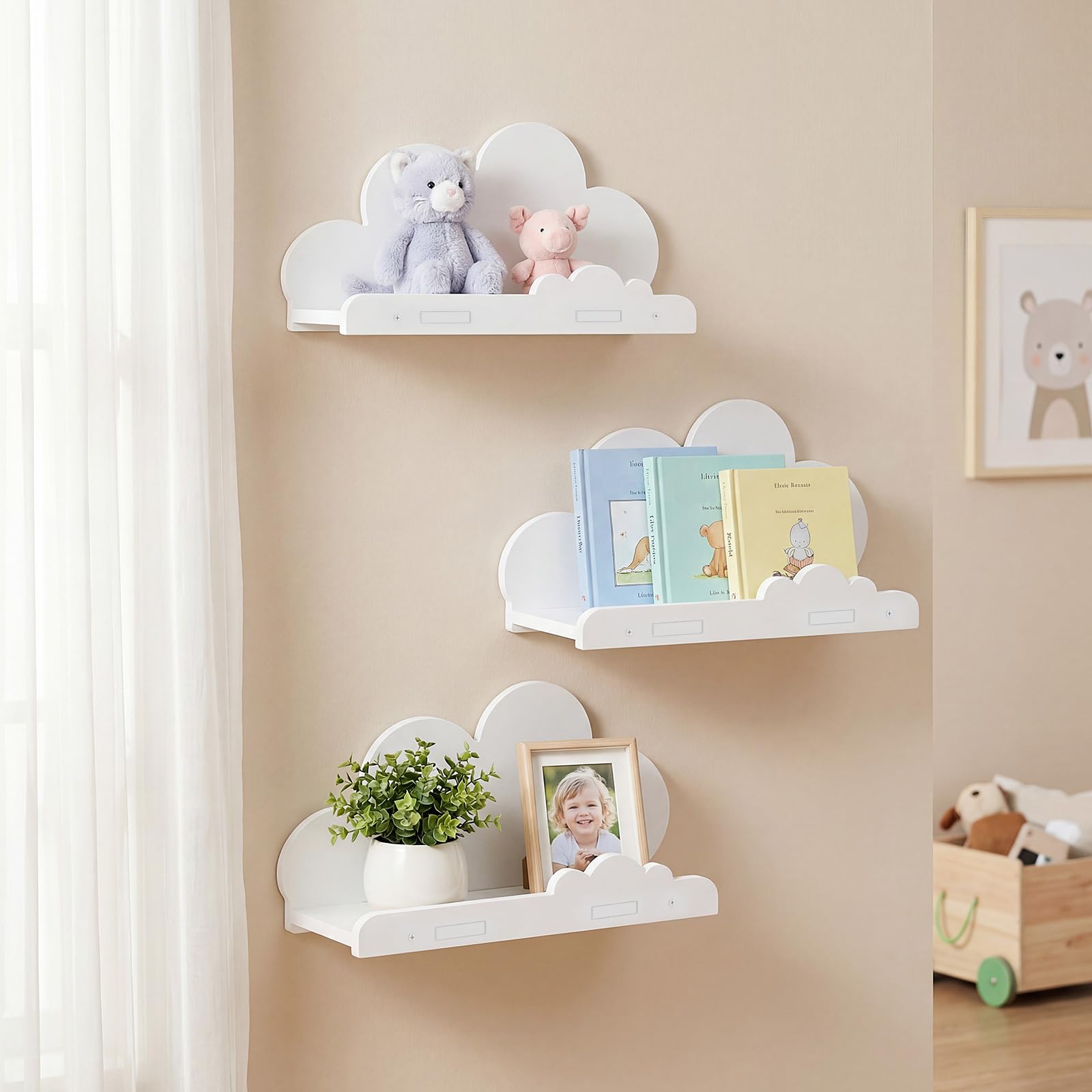 Bpyhebe 3 Pack Cloud Floating Shelves for Nursery, White Wall Mounted Kids Room Decor Bookshelf, PVC Wood Plastic Board Display Storage Shelf for Baby Toys, Books & Bedroom Wall Art, 29.5cm