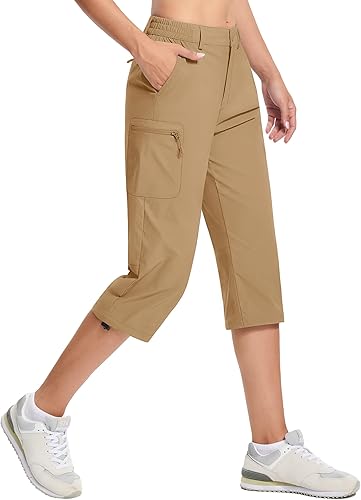 TACVASEN Pantalones capri tipo cargo para mujer, ligeros, de secado rápido, pantalones largos de viaje, para golf, casual, verano, bolsillos con