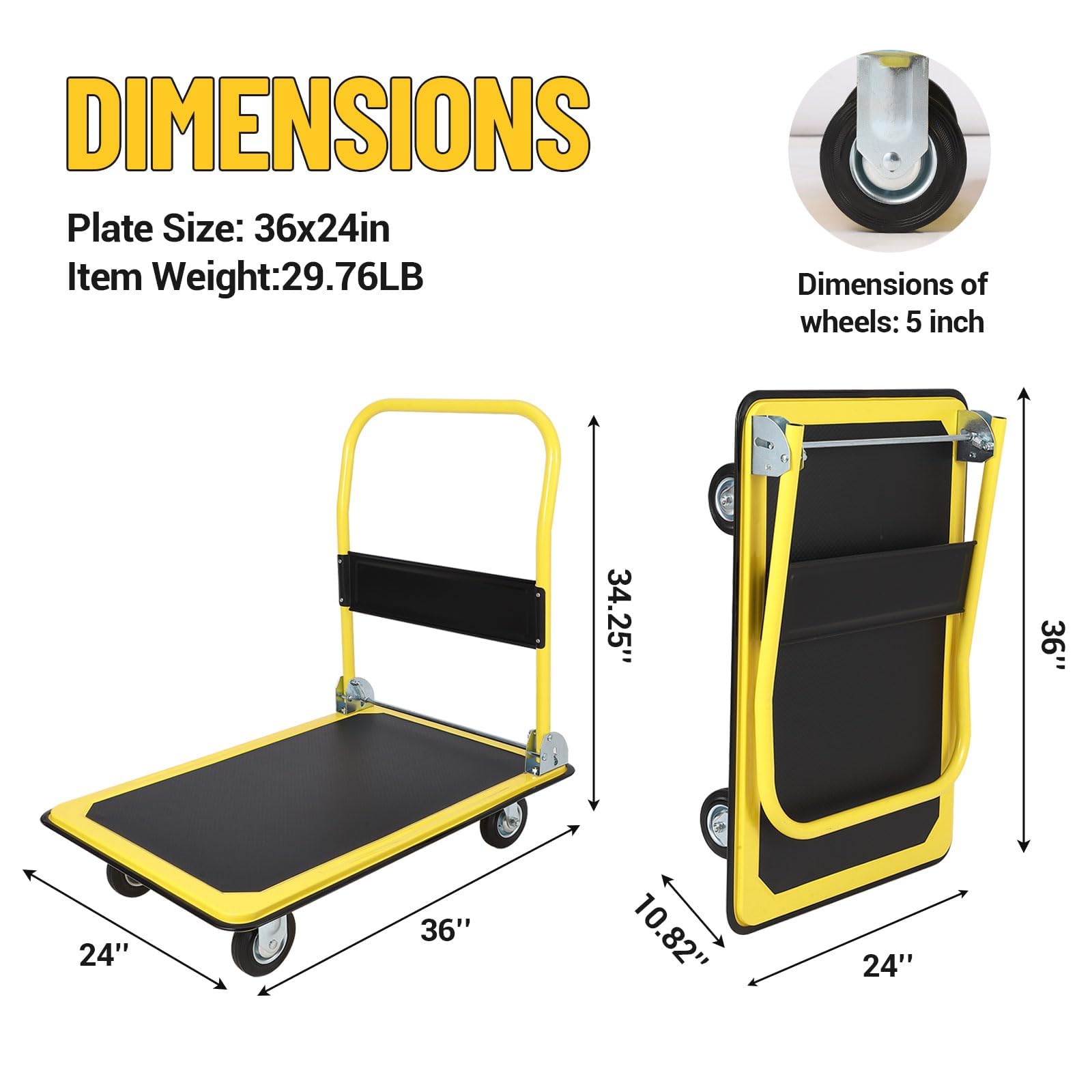 Garvee Camión de plataforma, capacidad de 270 kg, carro de mano de plataforma resistente con ruedas de freno TPR de 15 cm, carrito plegable multiusos para carga y almacenamiento, garaje, almacén