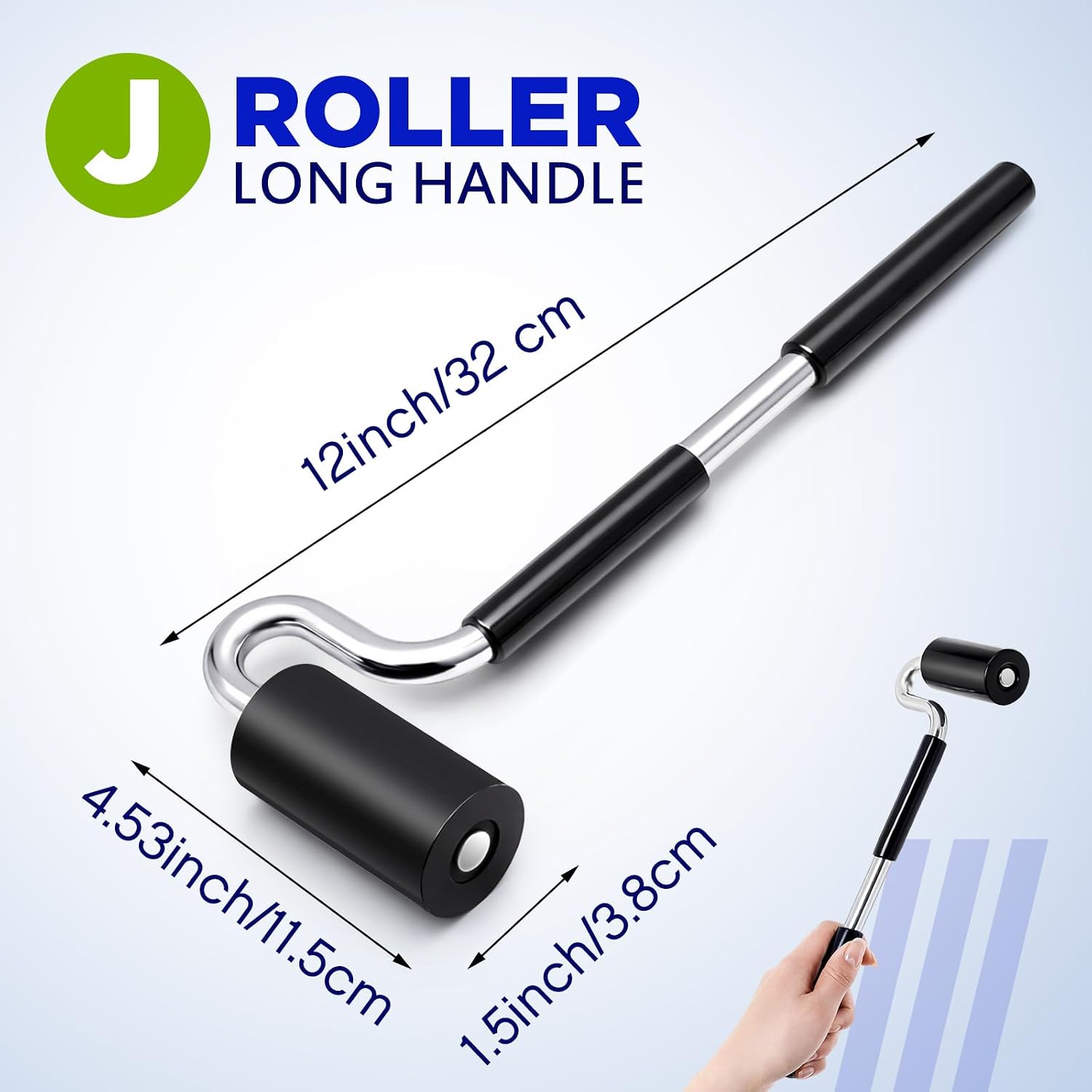2 Pack 12" Long Handle J Roller 1-1/2 Inch Diameter, 3 Inch Wide, Heavy Duty Rubber Roller Tool for Laminate, Veneer, Edge Banding, Wallpaper & Wall Covering Installation