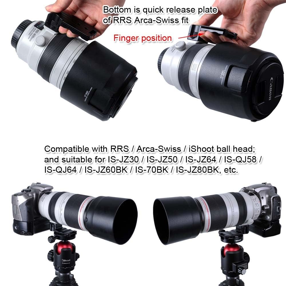 iShoot Objektivkragen Fuß Stativhalterung Ring Basis Ersatz Ständer Stativbuchse kompatibel mit Canon EF 100-400mm f/4.5-5.6L is II USM, untere Schnellwechselplatte für Arca-Swiss Fit Stativkopfklemme
