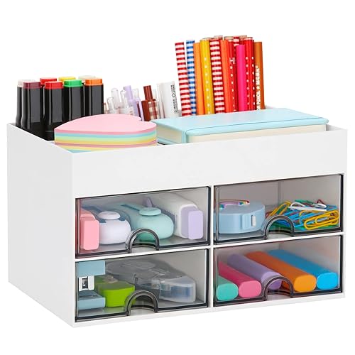 LETURE Desktop Organizer with Drawer, Accessories Stationary Organizer Desk Caddy, Pen/Pencil/Business Card/Sticky Note Tray/Paperclip Holder Storage Box (White) - White
