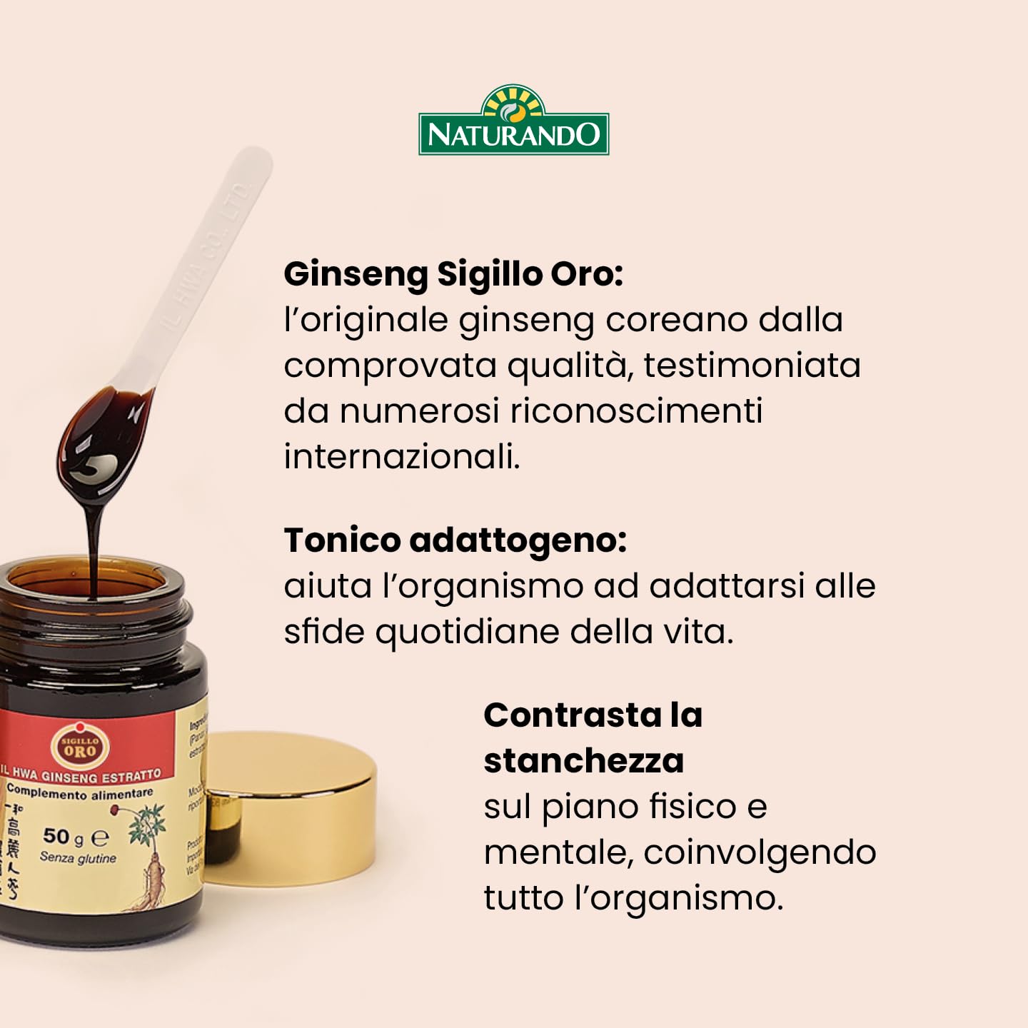 Naturando Ginseng Bianco Sigillo Oro Estratto Molle Tonico adattogeno ad azione Antiaffaticamento- confezione da 20 gr