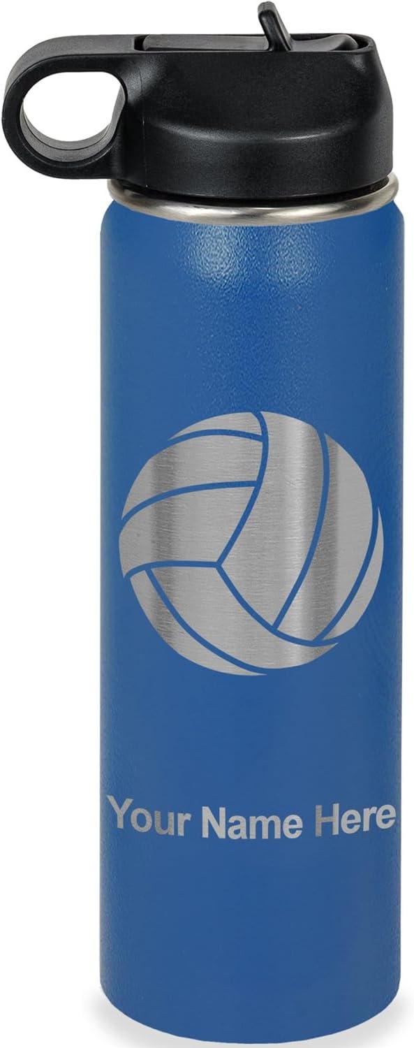 LaserGram Personalized Water Bottle, Volleyball Ball, Stainless Steel Double Wall Vacuum Insulated with Flip Top Straw, Custom Engraved Gift (20oz / 590ml Dark Blue)