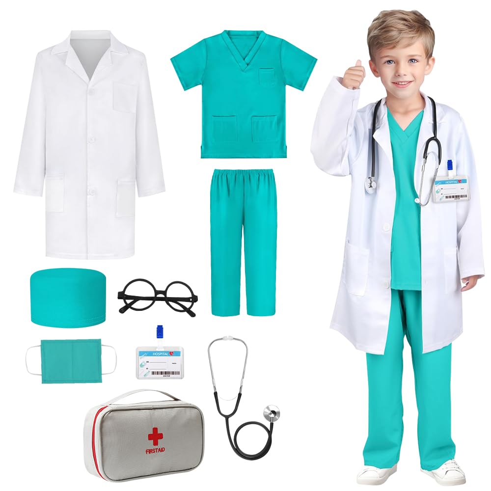 9PCS Doctor Costume for Kids, 130CM Kids Unisex Hospital Doctor Fancy Dress Costume, Child Role Play Costumes Unisex, Nurse Costumes Dress Up, Doctors Dress Up Role Play for Kid 8-10
