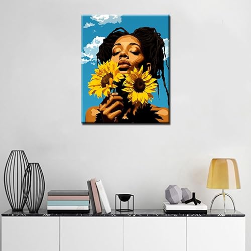 Miniatura 3 de Pintura afroamericana por números para adultos, principiantes, niños, belleza, girasoles, kit de pintura al óleo sobre lienzo con pinceles, pigmento