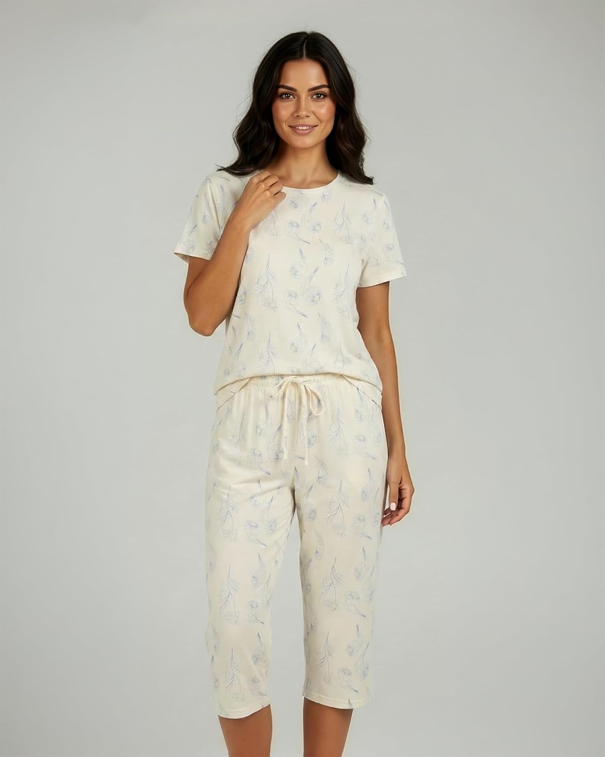 Real Essentials 2 Pack: Womens Pajamas Short Sleeve Sleepwear Tops and Capri Pants Pjs Print Pajama Sets (Available In Plus) - Image 2