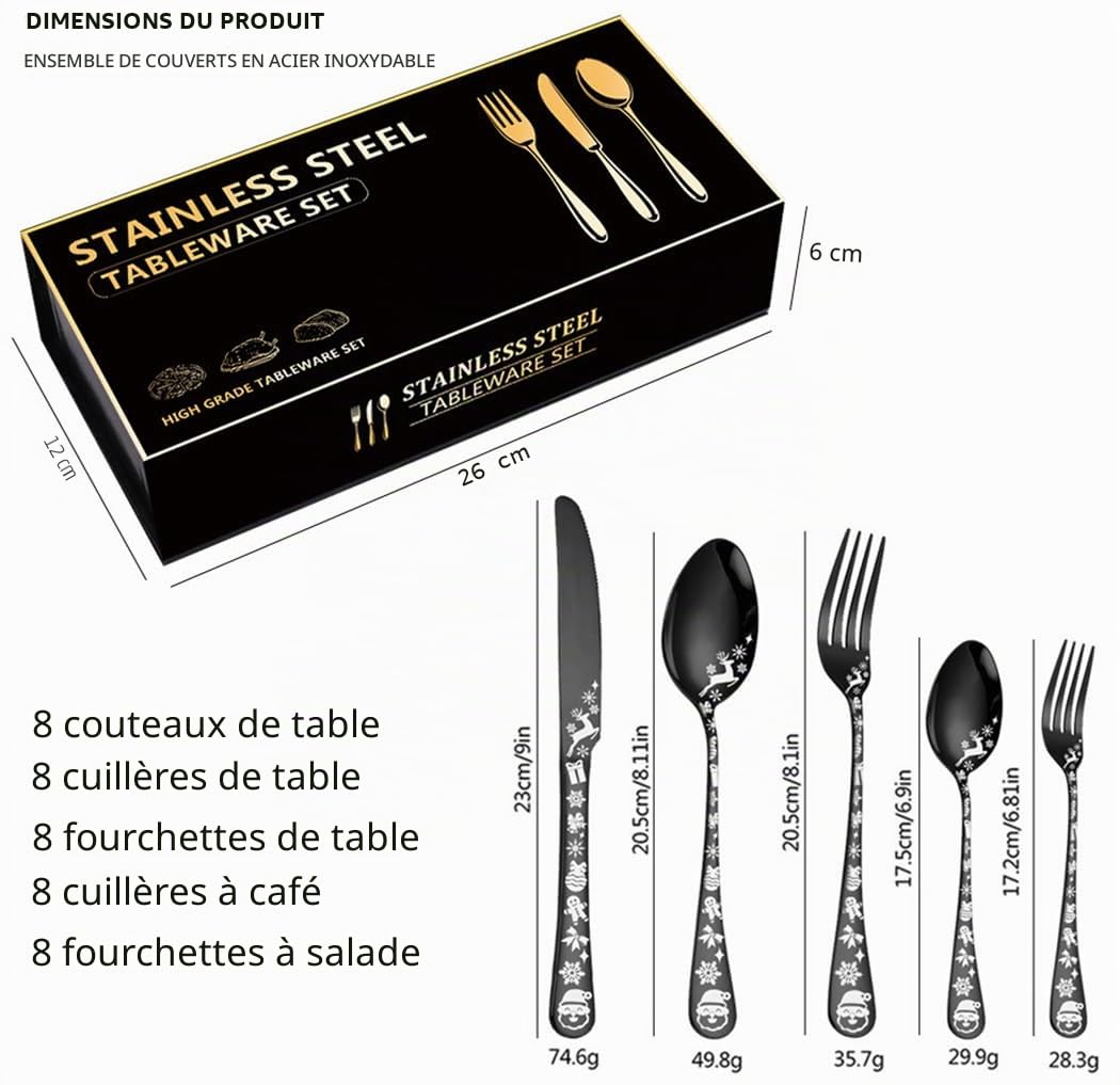 XIAOYU 40 pièces style de Noël argenterie Set de 8 pièces, ensemble de vaisselle en acier inoxydable, flocon de neige père Noël Moose motif design, cuisine salle à manger vaisselle