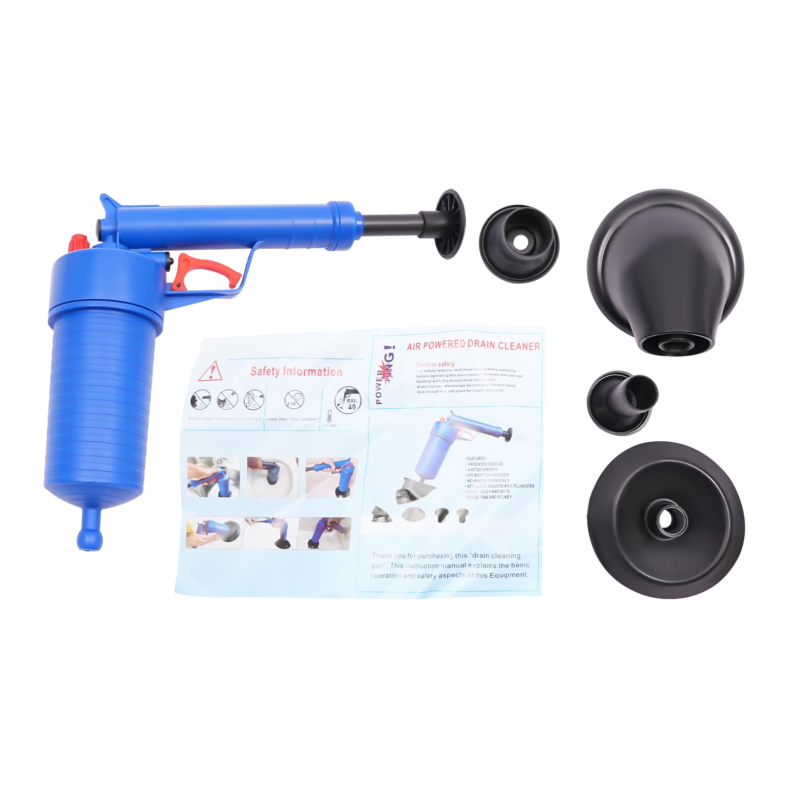 Limpiador de tuberías de aire comprimido, 4 bares, bomba de desagüe, juego de limpieza de tuberías para desagüe de suelo, lavabo, aguas residuales, bañera, azul oscuro (azul)