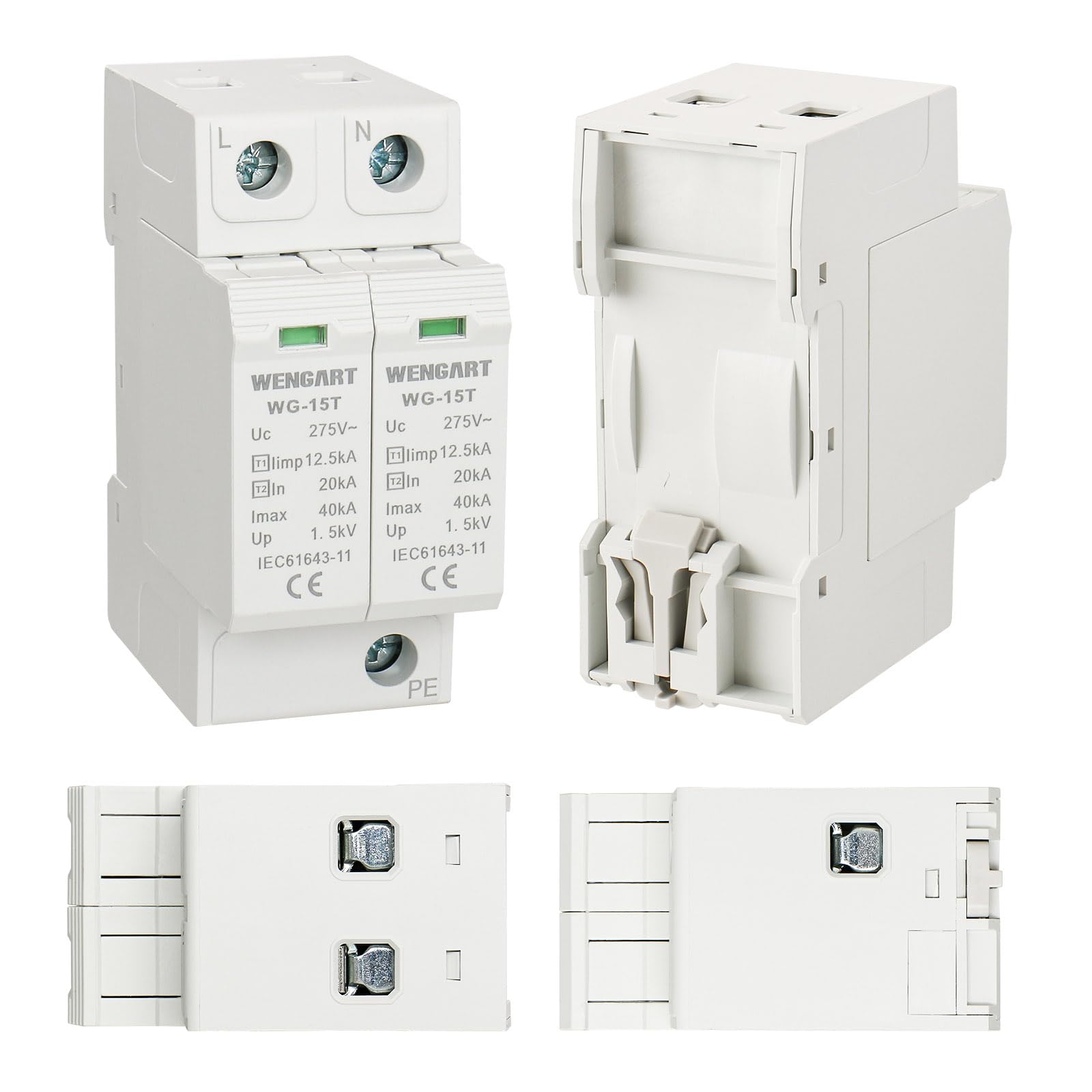 Wengart Dispositivo de protección contra sobretensiones WG-15T, protección de nivel T1+T2, limp12.5kA 20-40kA AC275V, protector de sobretensiones para el hogar, montaje en riel DIN (2P)