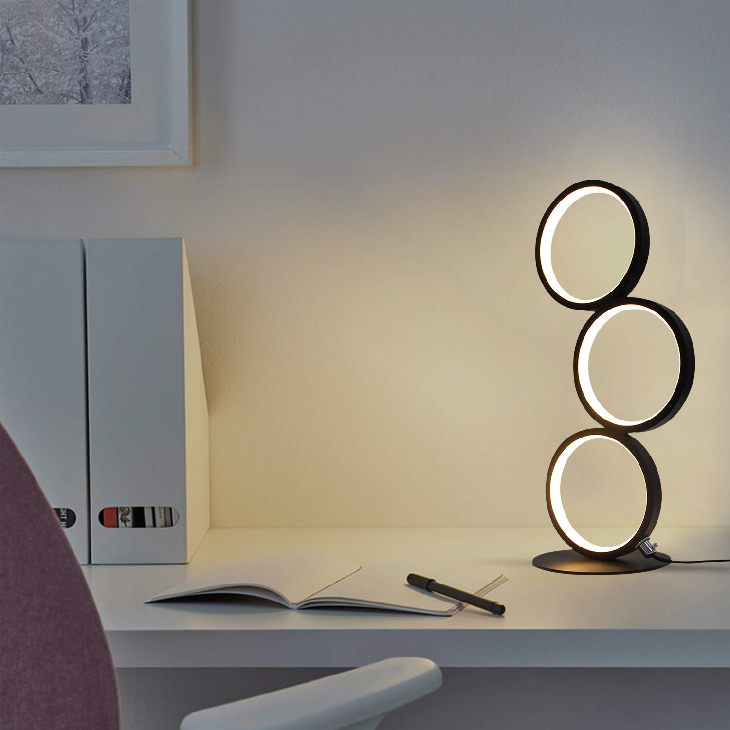 Lampada da tavolo a LED dimmerabile lampada da comodino moderna lampada da | scrivania nera a forma di anello Lampada da notte decorativa da 12 W con cavo da 2,9 m per camera da letto, soggiorno, studio