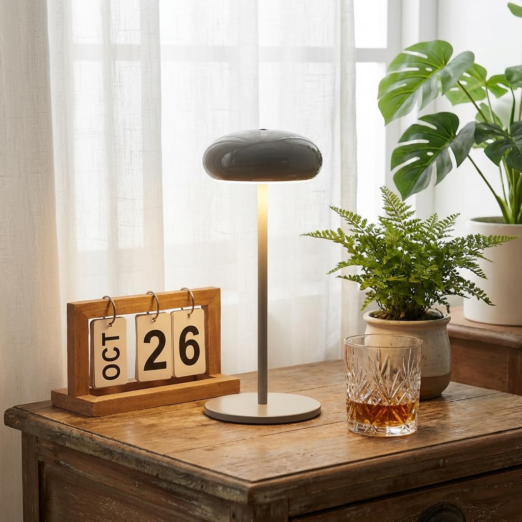 Kabellose LED Tischleuchte Akku Tischlampe Pilz Lampe Dimmbar | Touch Ohne Kabel Nachttischleuchte USB Aufladbar Batterie Nachtlampe Dekorative für Schlafzimmer Bar Restaurant Grau