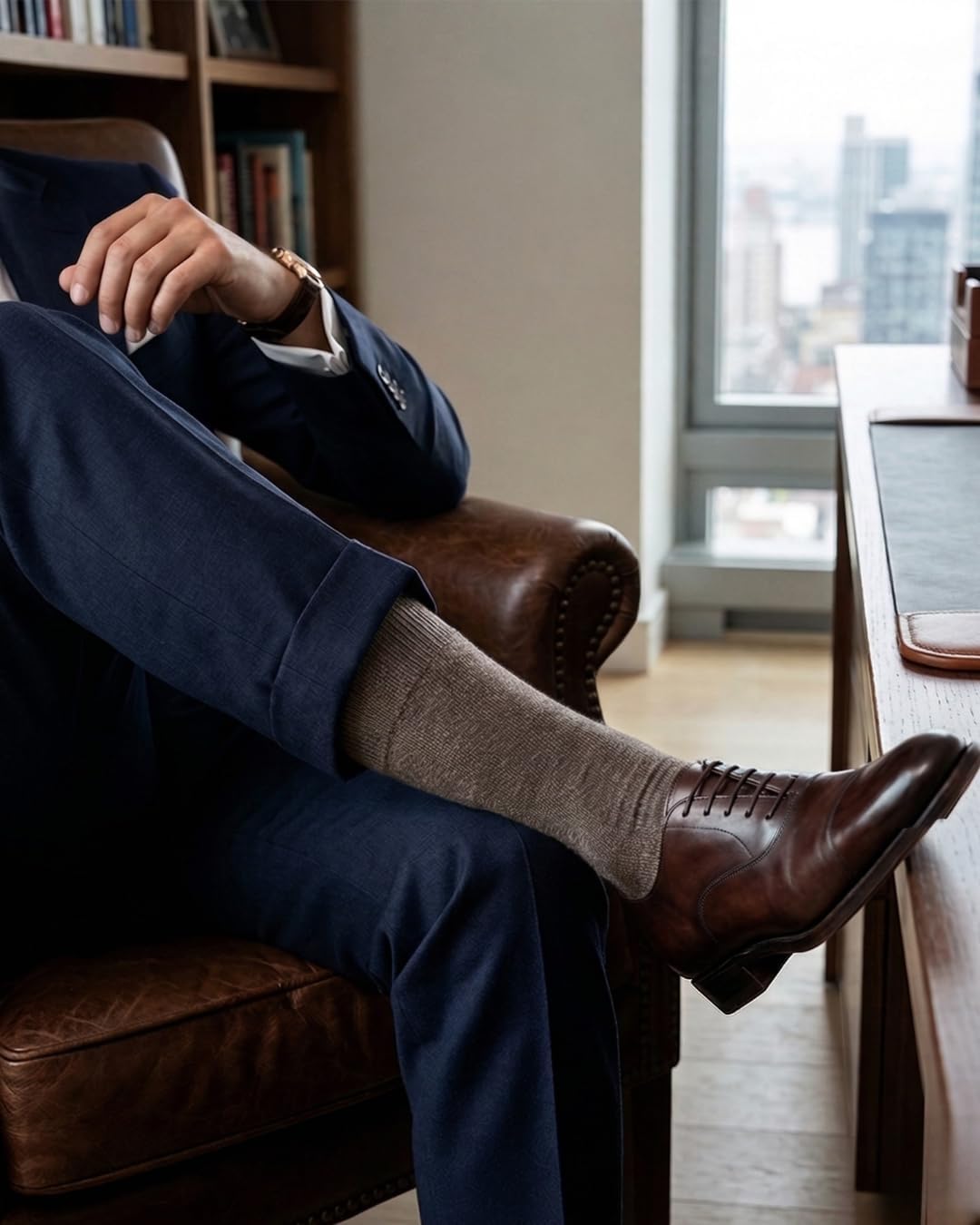 Premium Cotton Over the Calf Mens Dress Socks (3 Pairs) | Gradient Brown Pack | Light Compression Over Calf | Socks for Men in Solids | Stays Up 12hrs+ | US Shoe Size 7-11