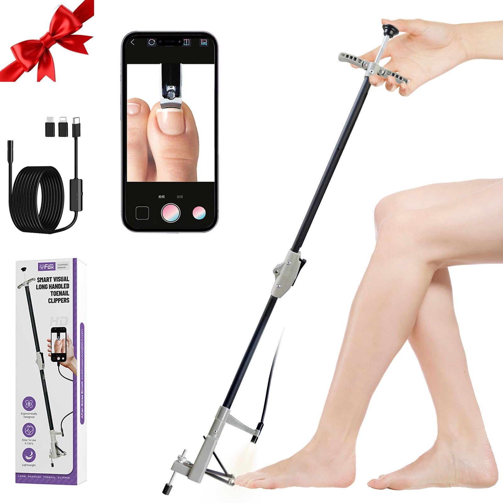 Cortaúñas de mango largo con endoscopio HD y luz LED, aluminio plegable de 32 pulgadas, pata de soporte ajustable, hoja de acero inoxidable para uñas gruesas, para personas mayores, usuarios