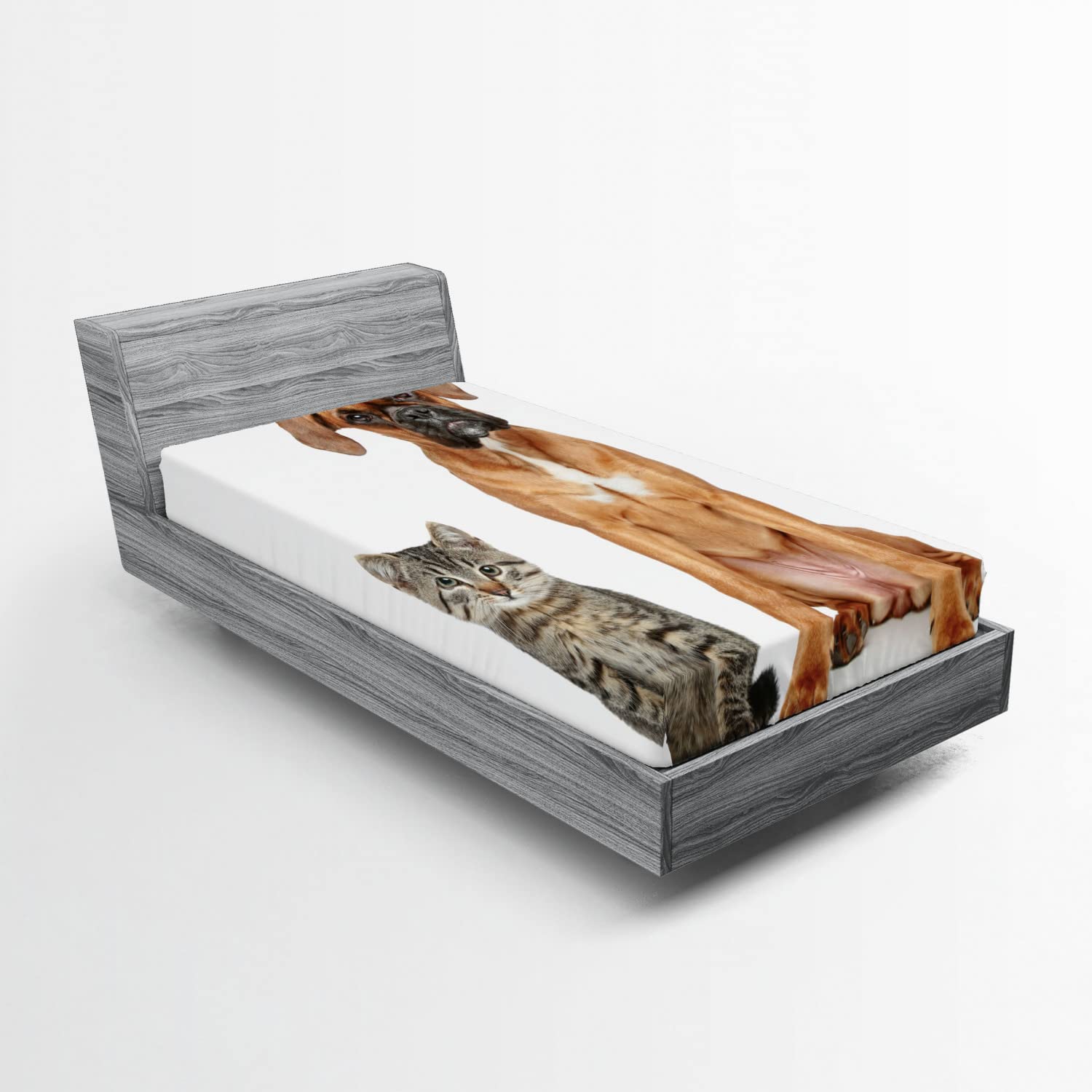 Ambesonne Boxer Dog 2 Pack Fitted Sheet, Cat Dog Animal Friends, Bed Cover All-Round Elastic Deep Pockets 2 Pieces, Package Contains 2 Twin Size Fitted Sheets, Beige Brown