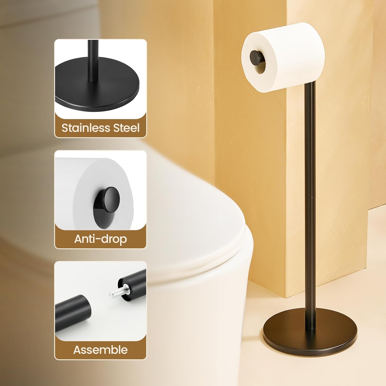 Freestanding Toilet Paper Holder Stand, Matte Black Stainless Steel Bathroom Toilet Paper Storage with Heavy Weighted Base, Non-Slip