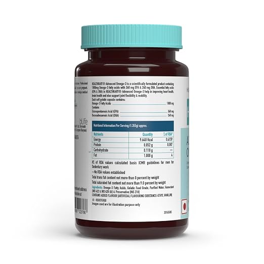 HealthKart HK Vitals Advanced Omega 3, 1000 mg Omega 3 with 360 mg EPA \u0026  240 mg DHA, Double Strength Fish Oil Supplement, for Brain, Heart and Joint  Health, 60 Capsules : Amazon.in: Health \u0026 Personal Care