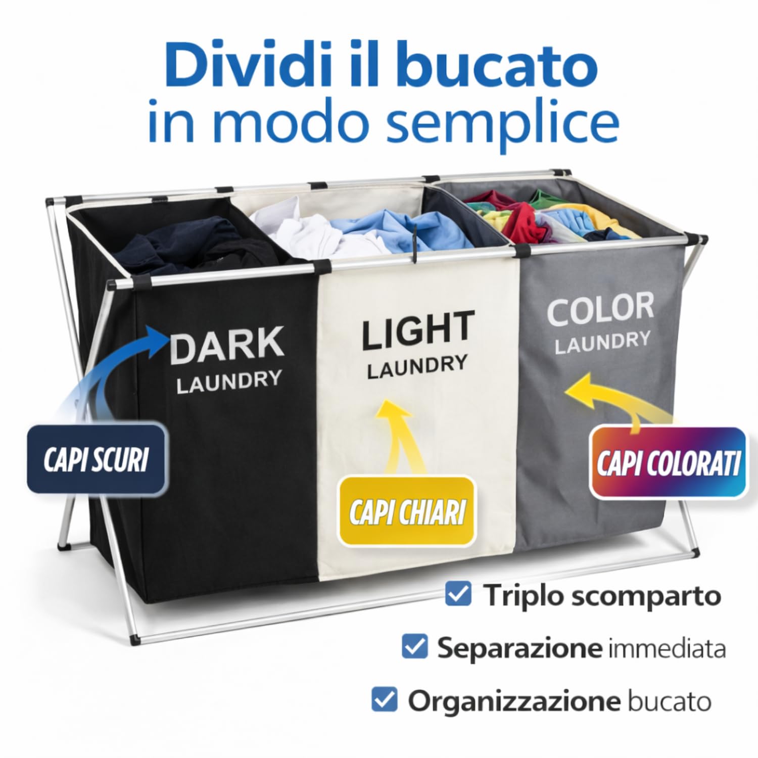Cesto Portabiancheria Sporca Pieghevole Salvaspazio 3 Scomparti da 135 L con Manico Porta Biancheria 68x38x60 cm Sacchi Estraibili Lavabili Cesta Panni Bucato per Bagno Lavanderia Hotel