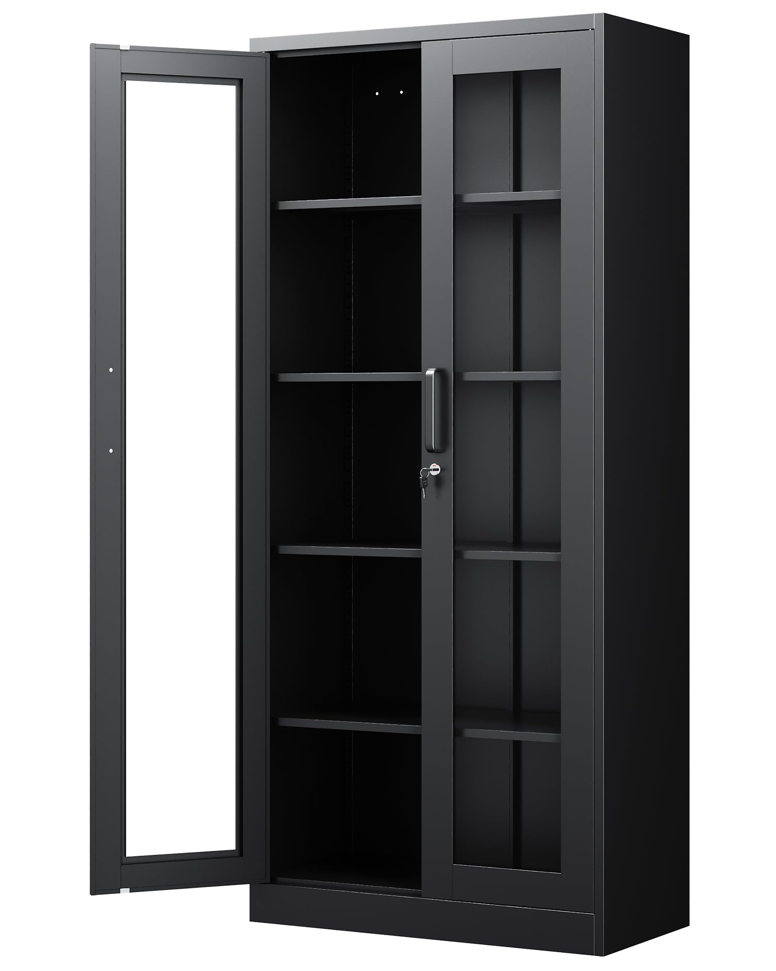 Display Cabinet with Glass Doors, 71 Inches Metal Display Case with 4 Adjustable Shelves, Curio Storage Cabinet with Lock for Home, Office, Book, Pantry, Assemble Required (Black)