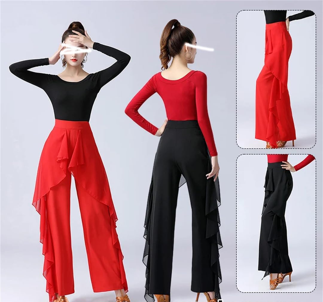 Women Wide Leg High Waist Dance Pants Ruffle Trousers Performance Practice Costume