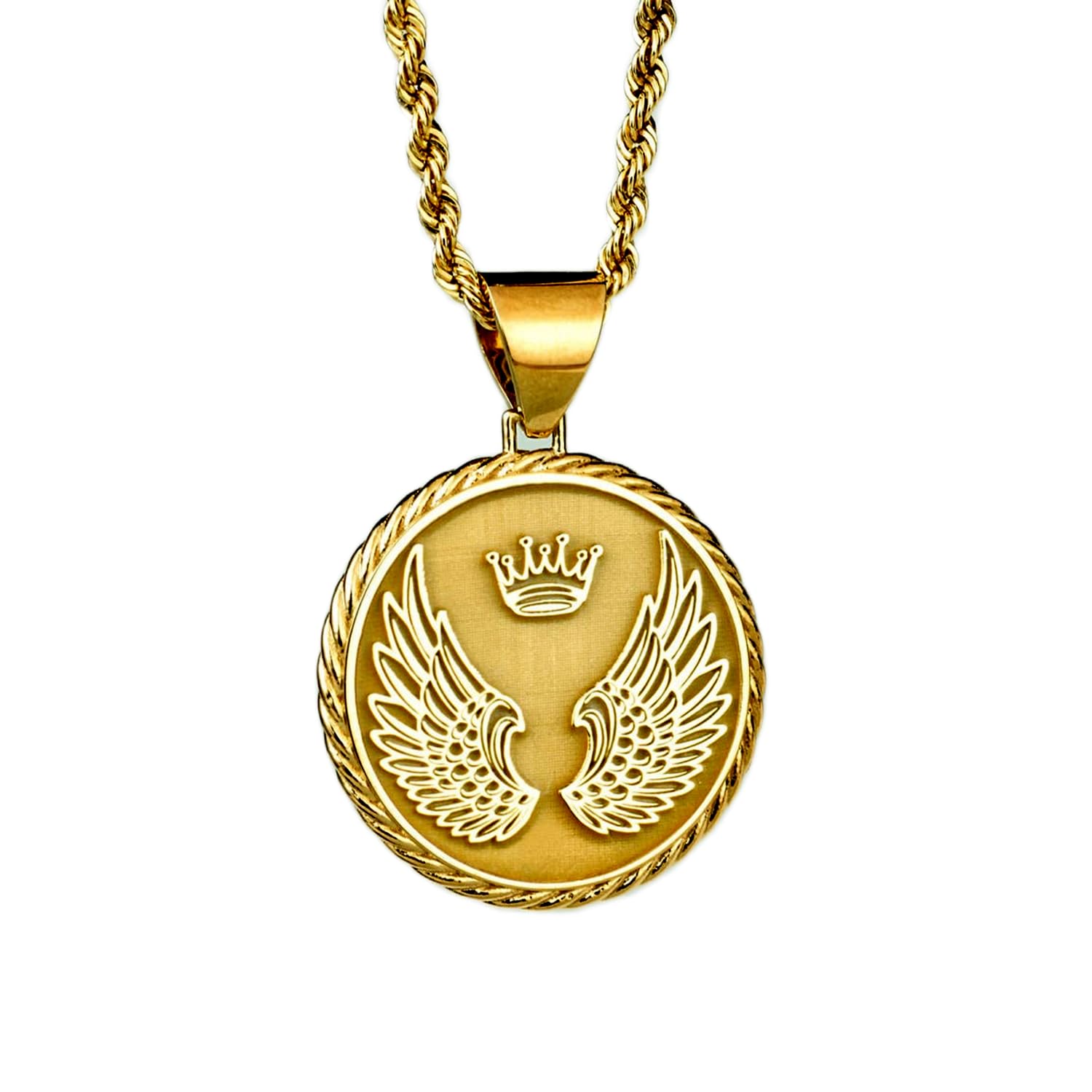 Colgante de plata de ley 925 de lujo de 22 mm, sin cadena, alas de ángel, corona con amuleto, medallón católico, protección, joyería cristiana, abalorio, chapado en oro, hecho a mano |