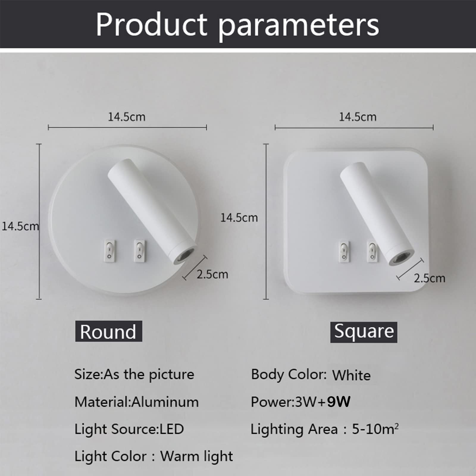 Lampa ścienna uksunvi LED, lampa ścienna do czytania nocnego, 12W lampy do czytania ścienne LED, regulowane reflektory (3W +9W 3000K ciepłe światło) czarne (Okrągły biały)