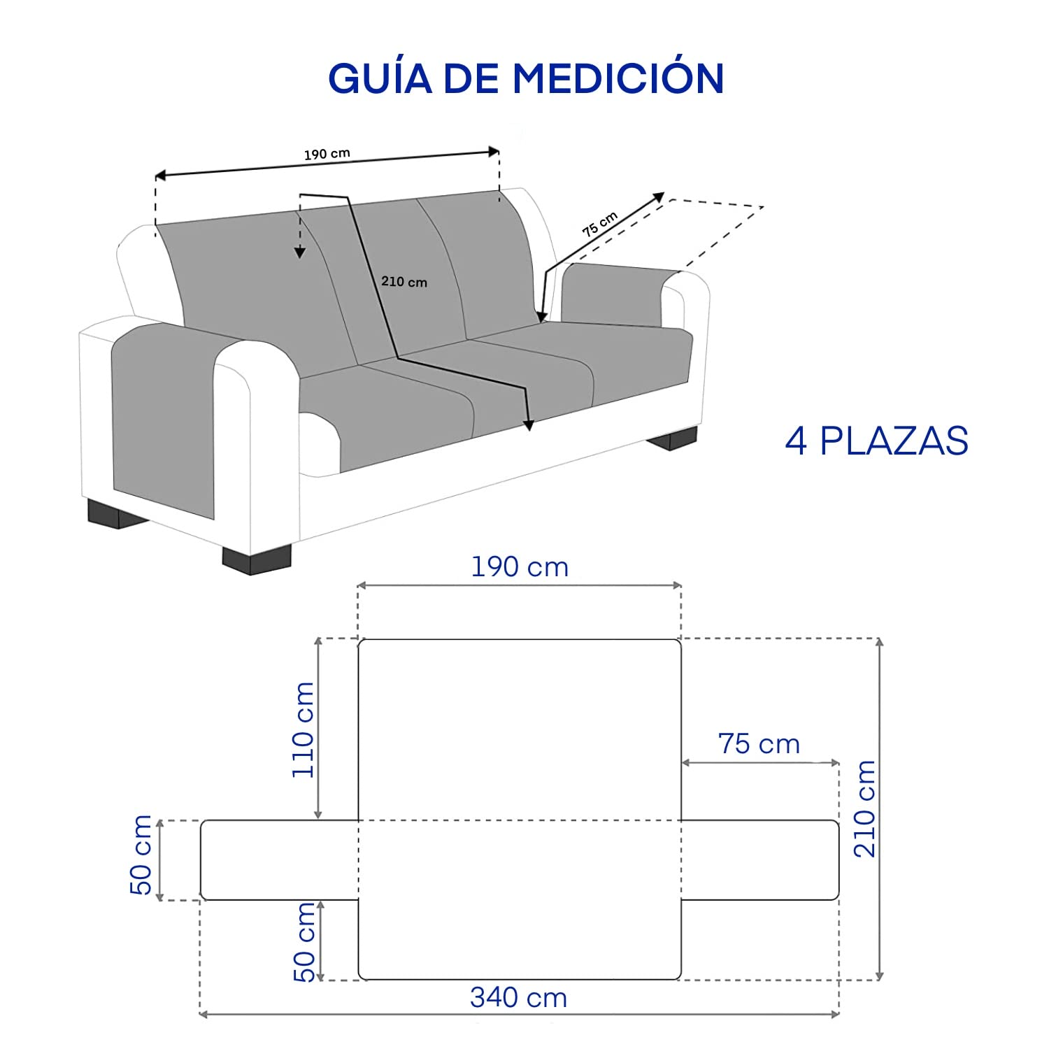 GFD Textiles - Cubre Sofa 4 Plazas 190 cm, Funda para Sofá Ajustable, Forros para Sofás Antideslizante, Fundas Sofá Acolchado, Protector Sofá Duradero Perros Gatos Mascotas (4 plazas, Gris)