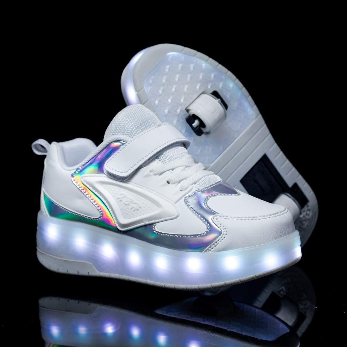 HHSTS Kids Shoes with Wheels LED Light Color Shoes Shiny Roller Skates Skate Shoes Simple Kids Gifts Boys Girls The Best Gift for Party Birthday Christmas Day(13 Little Kid,White)