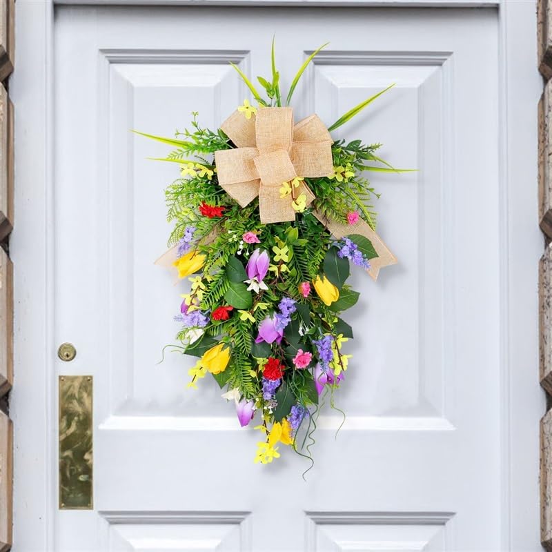 Ghirlanda primaverile decorativa per porta d'ingresso, finta ghirlanda per portico, finestra, arredamento interno (giallo viola)
