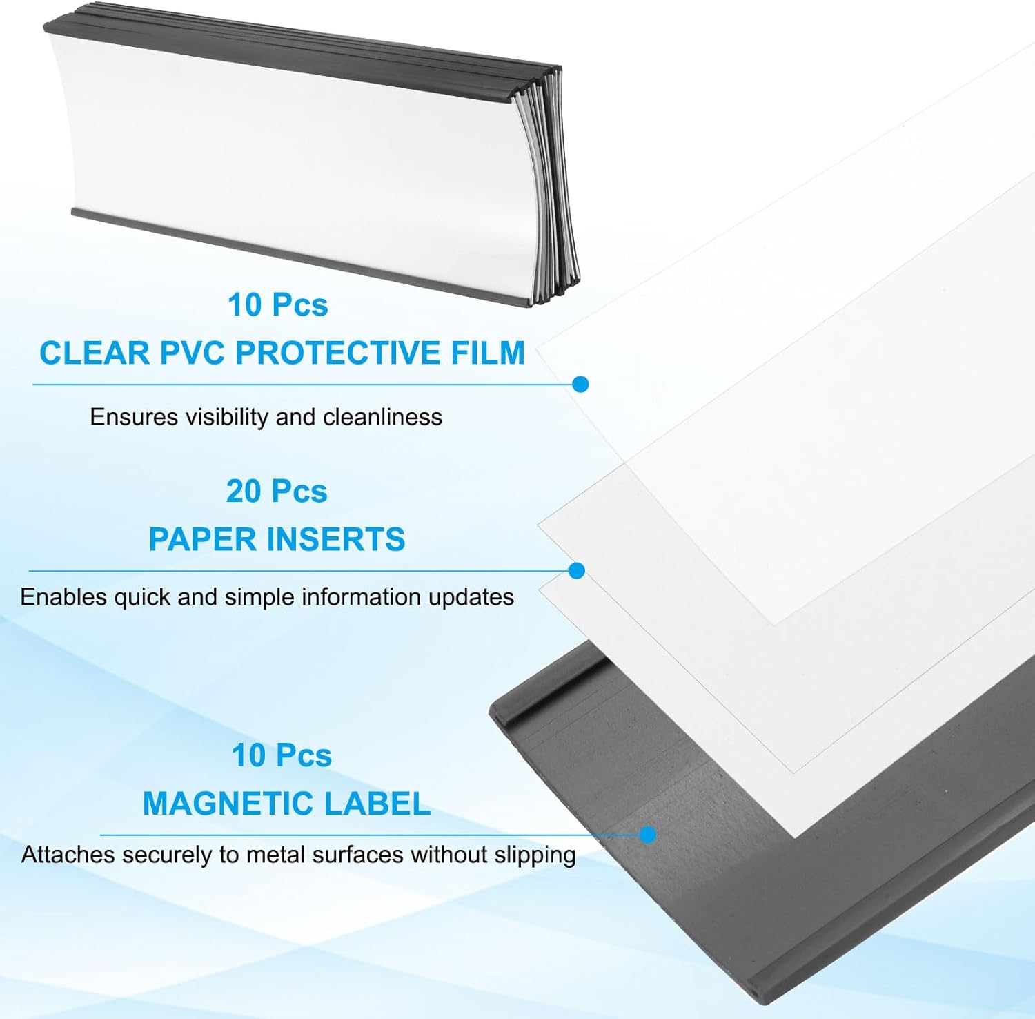 PATIKIL Magnetic Label Holder 8" x 3" with Paper Inserts, 10 Pcs C Channel Magnetic File Cabinet Labels Shelf Data Card Holder Signs for Metal Racks Shelves Whiteboard Tool Box