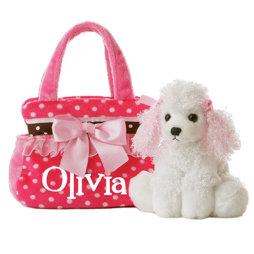 Personalized Plush Poodle Purse Stuffed Animal – 7.5 Inch Puppy Dog Toy and Matching Carrier for Girls Birthday Gift Cute Keepsake Pretend Play