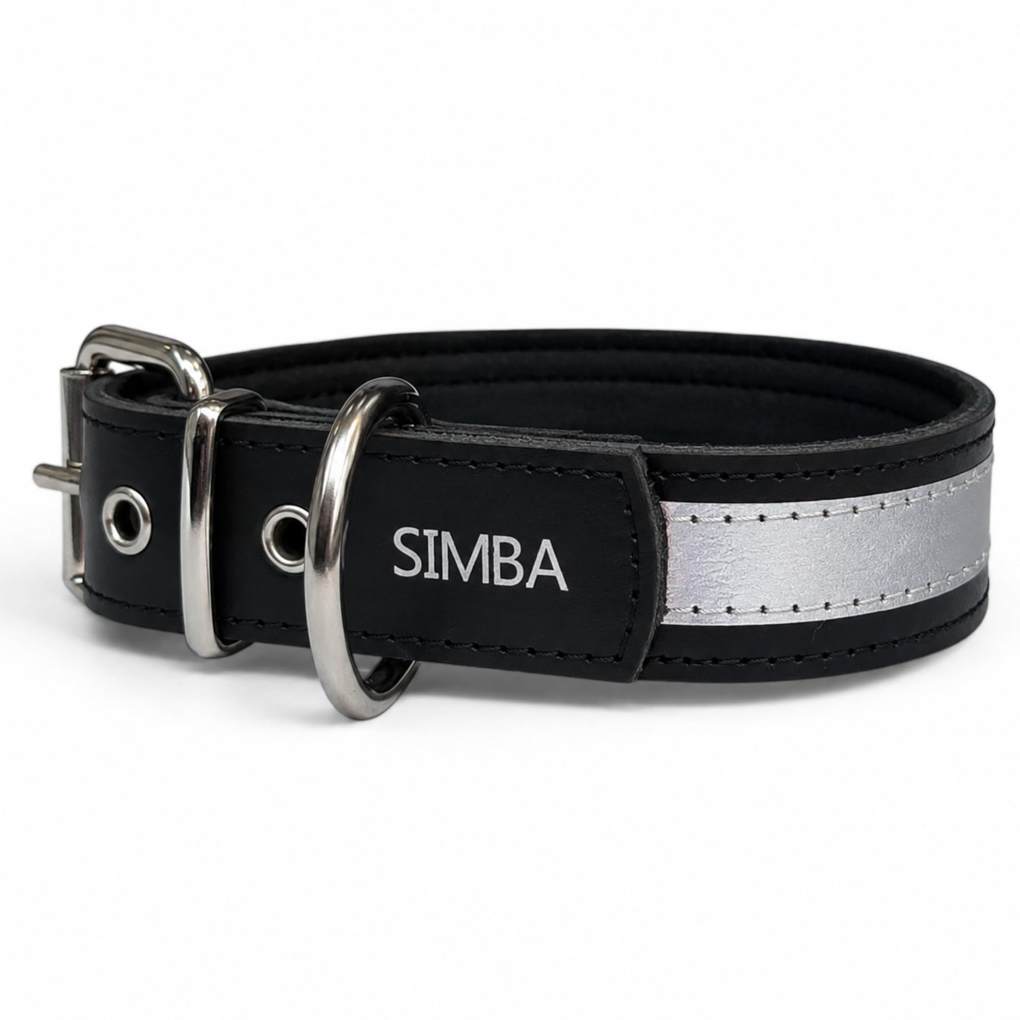 High Visibility Reflective Tape Leather Collar - Interior Padded - Custom Name - Handmade - Ideal for Medium and Large Dogs (Black, M: Neck Range 32-42cm)